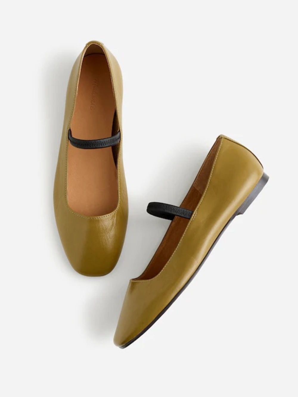 Madewell Olive Green Leather Mary Jane Flats with Black Strap